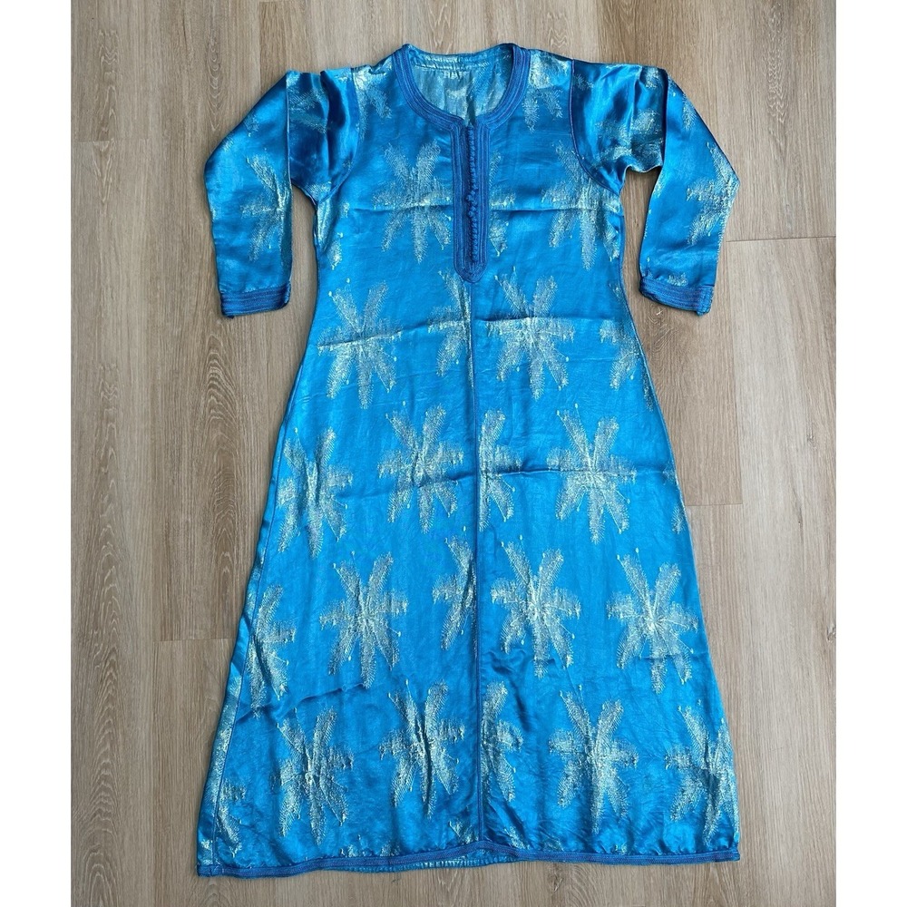 Vintage Hand Maid Moroccan Blue/Gold Starburst Shimmery Embroidered Kaftan S-M